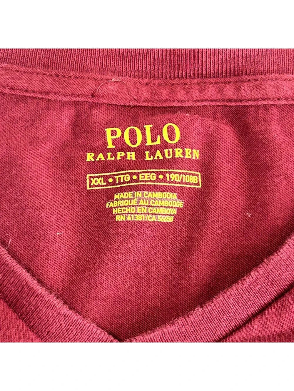 Polo Ralph Lauren V-Neck T-Shirt Burgundy Maroon Men’s Size XXL Short Sleeve